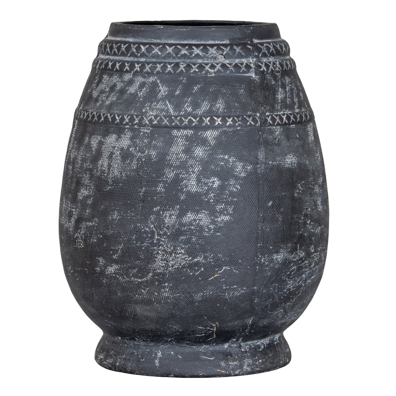 Etched tall charcoal black distressed ceramic vase, front view