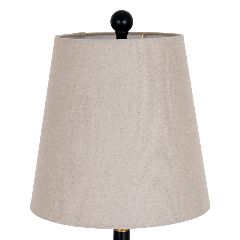 Grey linen shade and black finial close-up