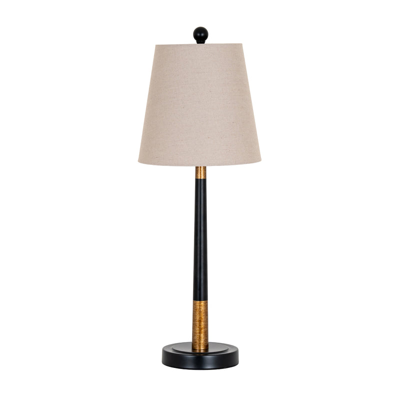 Everly black and gold column table lamp with grey linen shade