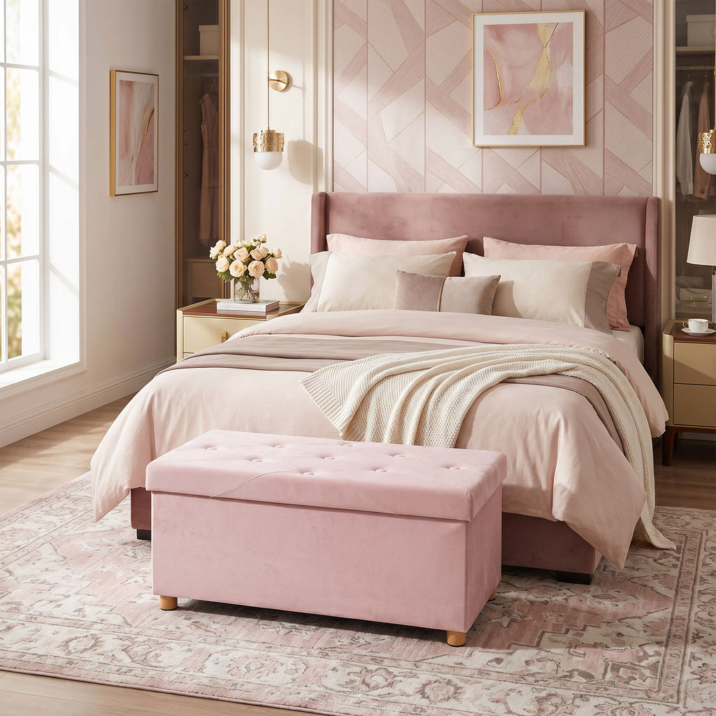 Velvet Upholstered Foldable Ottoman Footrest, Storage Ottoman Bench with Wood Legs for Living Room, Pink