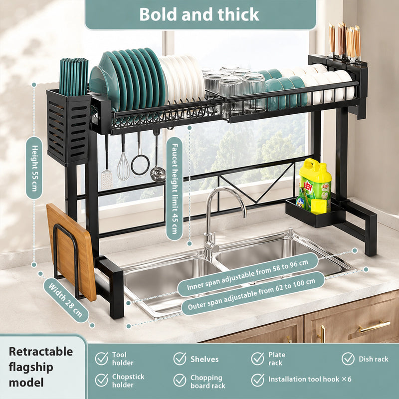 Kitchen dish rack with measurement details on a kitchen counter.