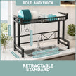 Kitchen dish rack with measurement details on a kitchen counter.