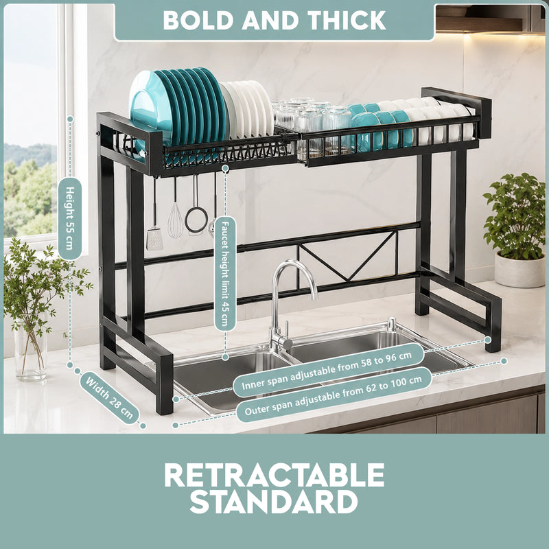 Kitchen dish rack with measurement details on a kitchen counter.