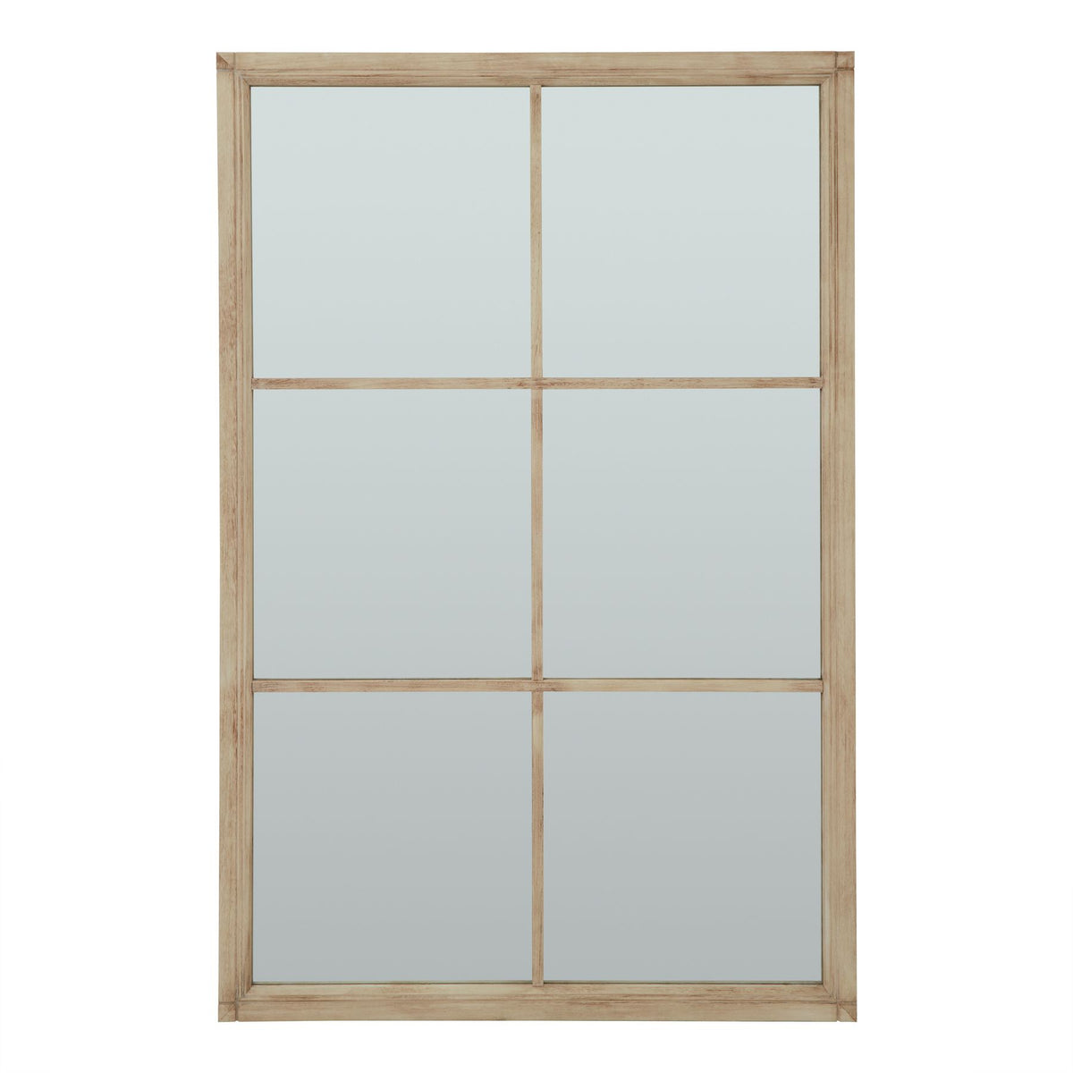 Extra large washed wood six-pane window mirror, front view