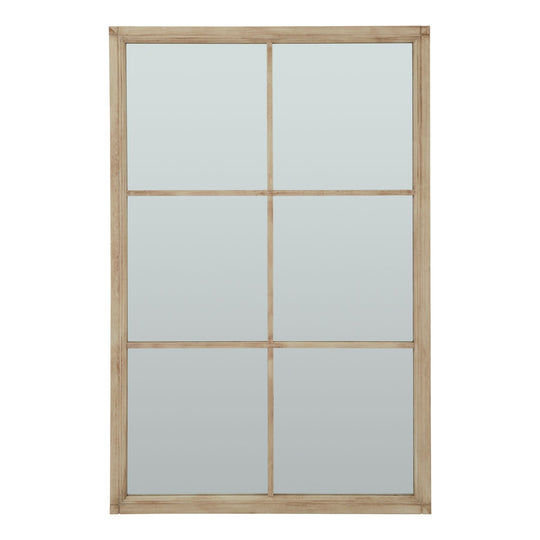 Extra large washed wood six-pane window mirror, front view