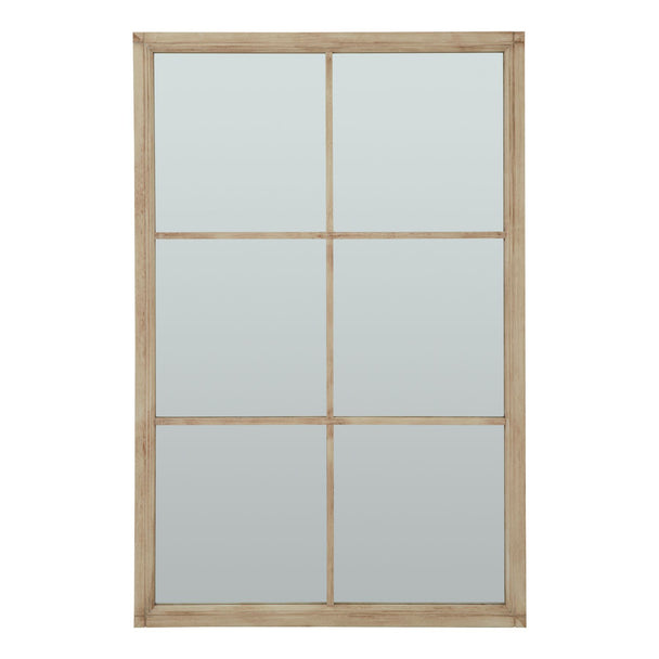 Extra large washed wood six-pane window mirror, front view