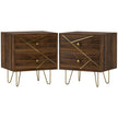 Pair of brown wood-grain bedside tables with gold-tone line details and hairpin legs