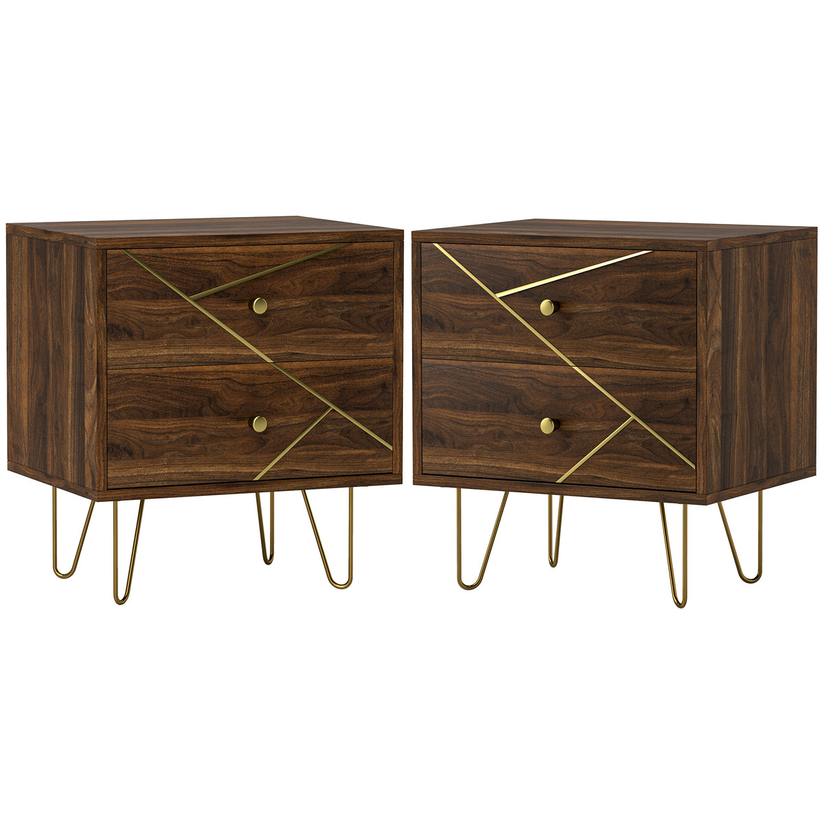 Pair of brown wood-grain bedside tables with gold-tone line details and hairpin legs