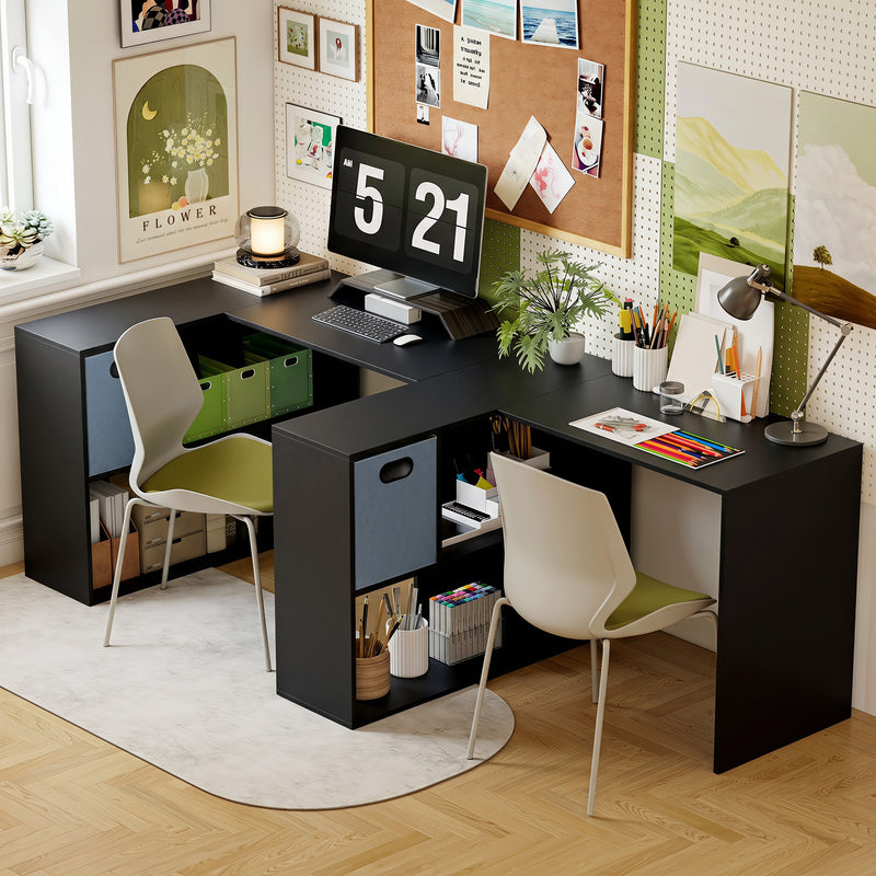HOMCOM 110 cm L-Shaped Desk, Small Computer Desk with Fabric Drawer and Storage Shelves for Home Office, Study, Black – view 8