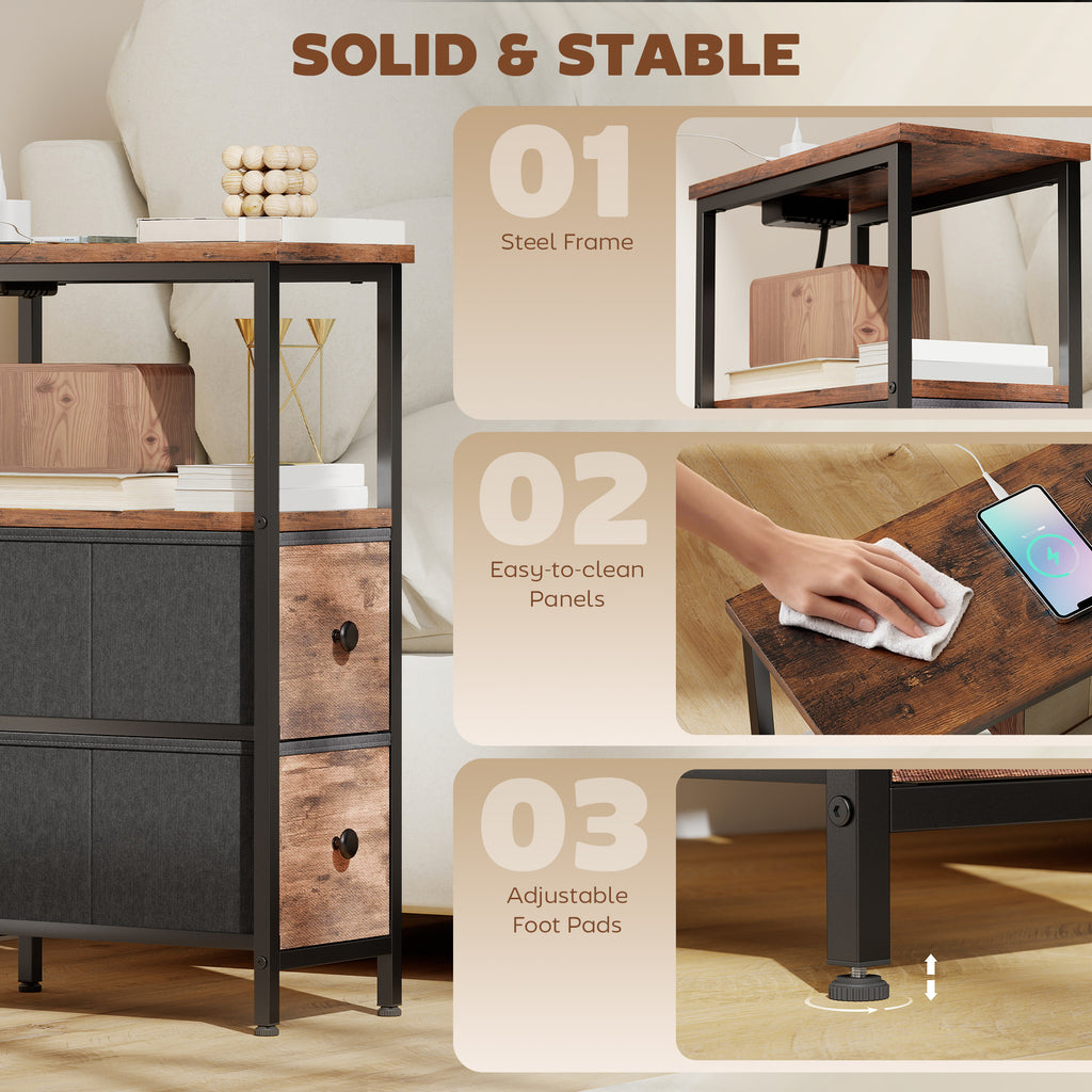 Side Table, Narrow Bedside Table with Charging Station, 2 Drawers, AC Outlet and 2 USB Ports for Living Room, Bedroom