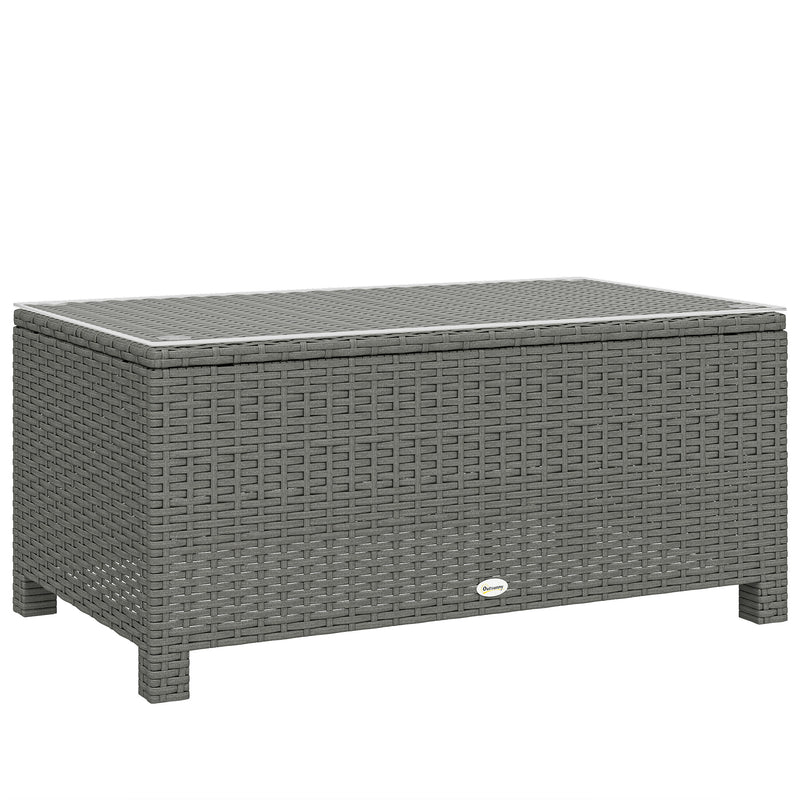 Light grey rattan garden coffee table with 5 mm tempered glass top on a patio