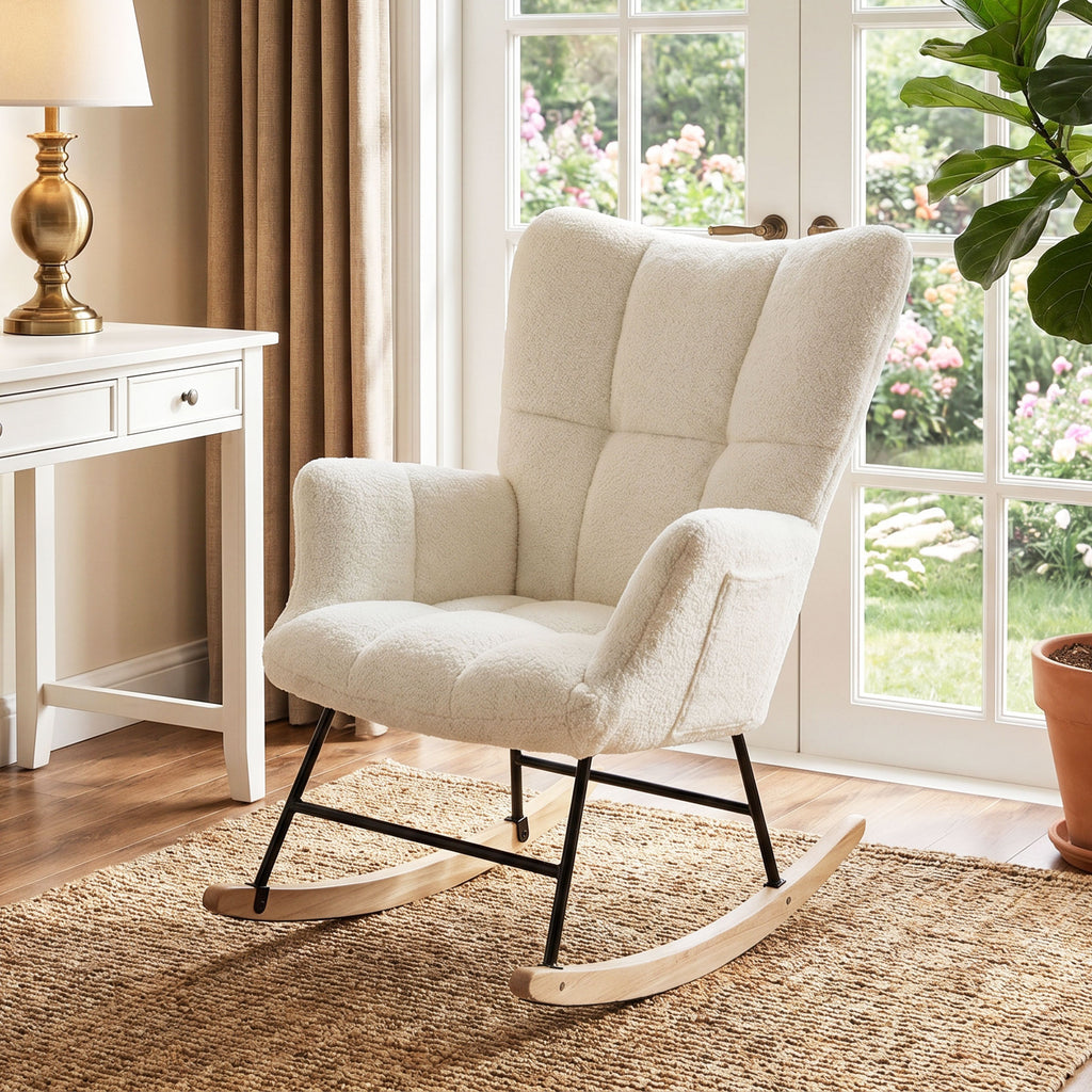 Rocking Chair, Teddy Fleece Rocker Chair with Tufted Wingback, Side Pockets, Rubber Wood Legs, Cream White