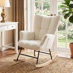 Rocking Chair, Teddy Fleece Rocker Chair with Tufted Wingback, Side Pockets, Rubber Wood Legs, Cream White