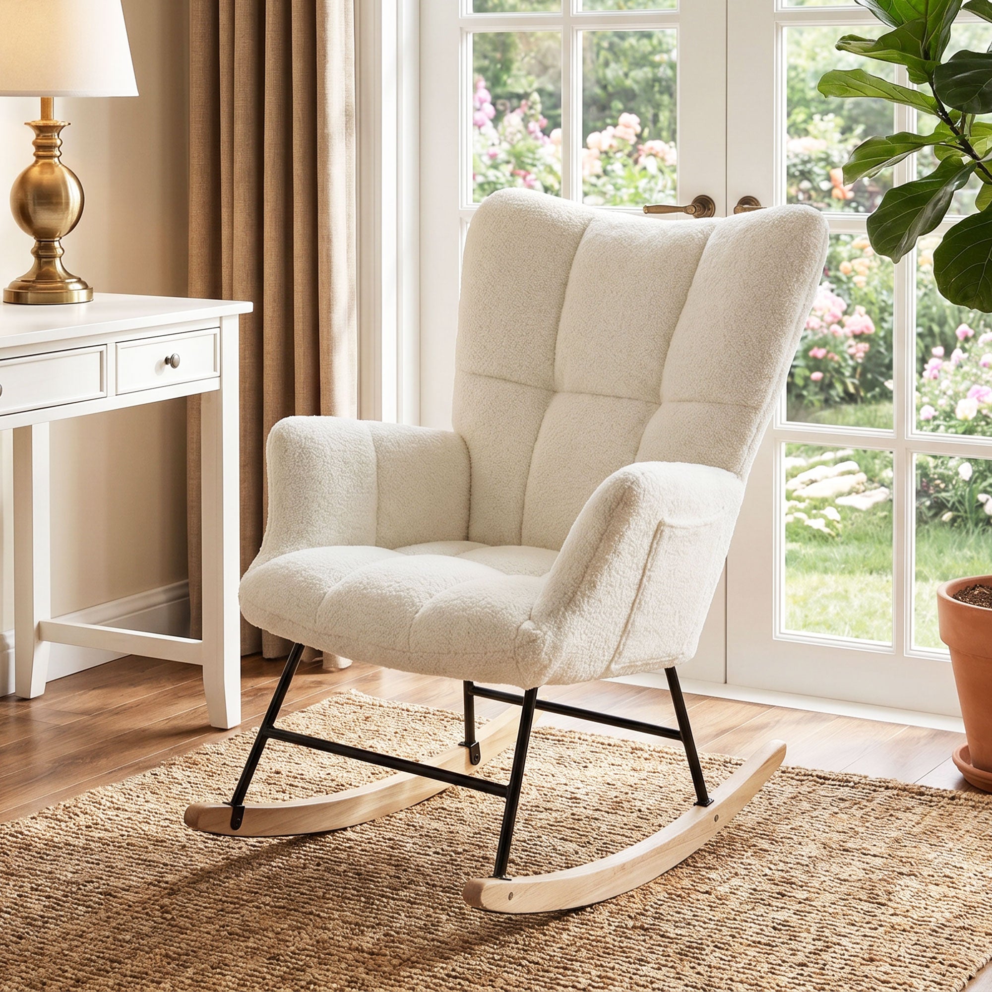 Rocking Chair, Teddy Fleece Rocker Chair with Tufted Wingback, Side Pockets, Rubber Wood Legs, Cream White