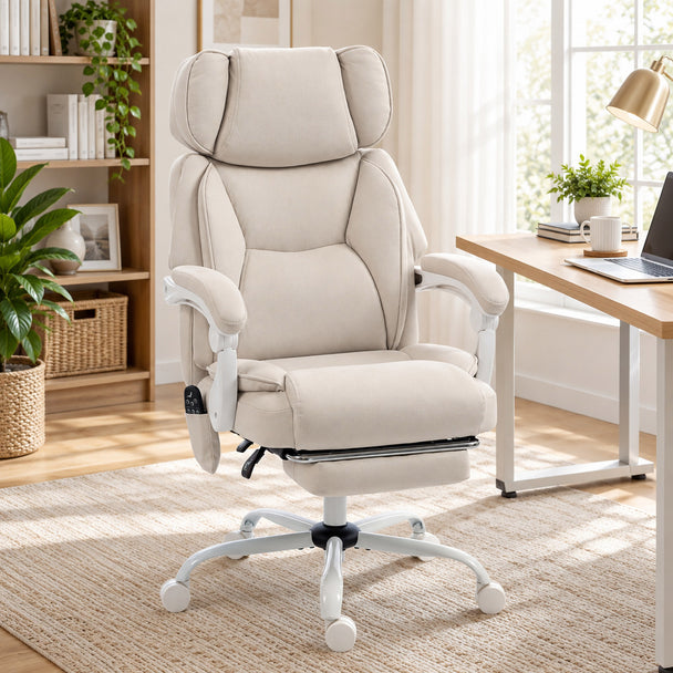 HOMCOM Office Chair with Massage, Heat, Adjustable Headrest, Leathaire‌ Reclining Desk Chair with Footrest, Cream White – view 2