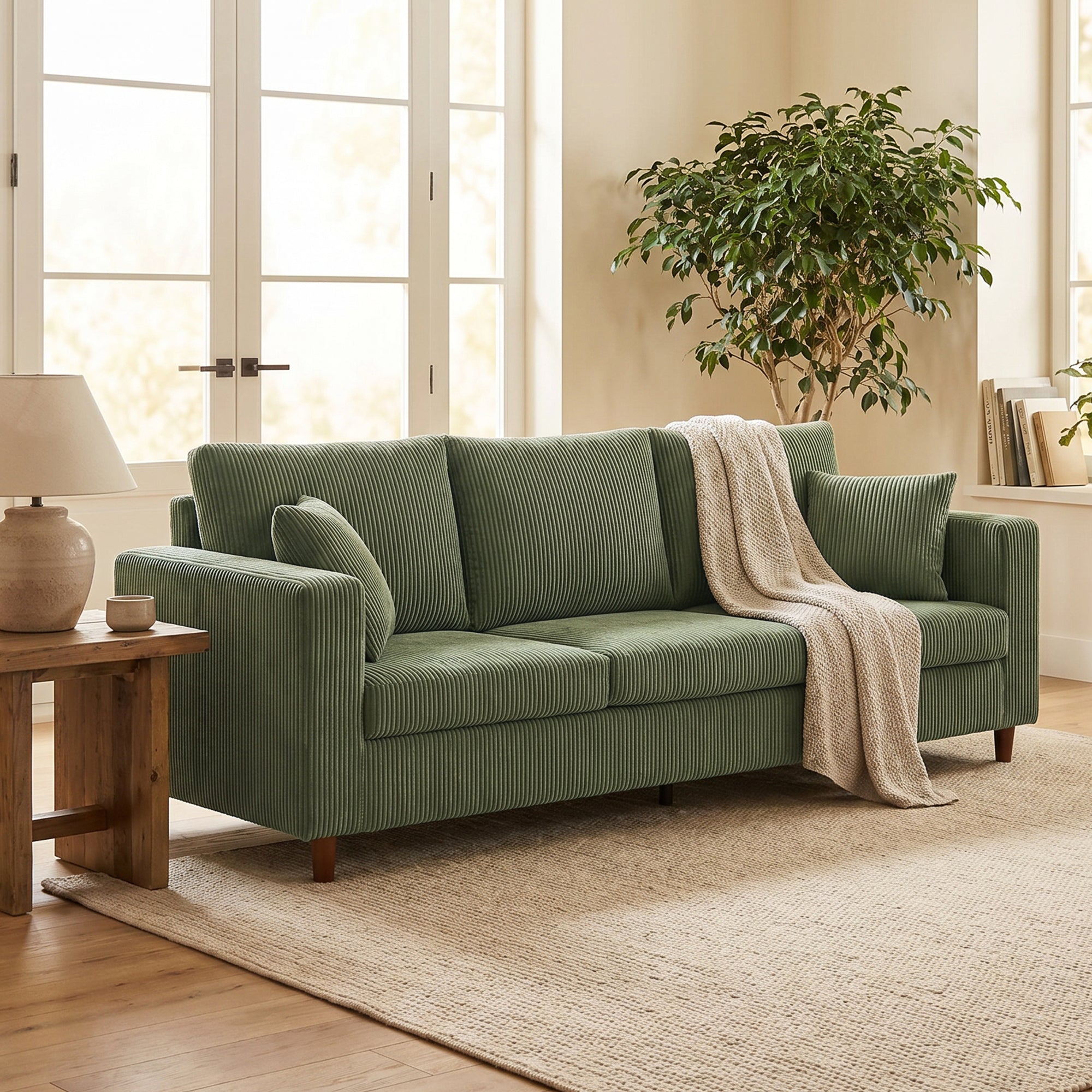 3 Seater Sofa with Wide Seat, Corduroy Fabric Couch with Deep Seat, Spring Cushion, Green