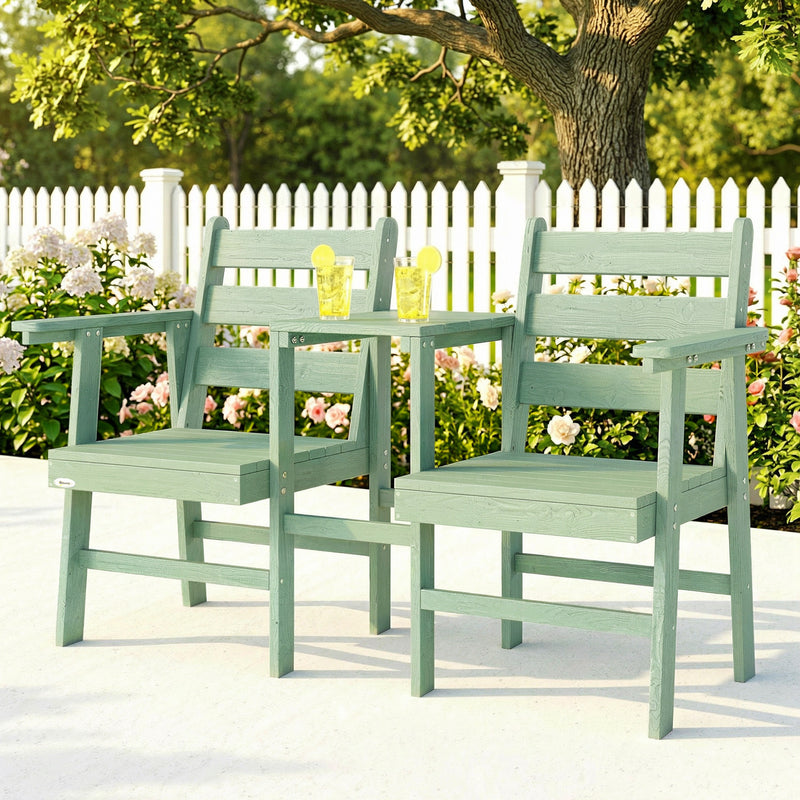 Outsunny Outdoor Garden Loveseat, Embossed Wooden Jack and Jill Garden Seat with Integrated Table, Green – view 9