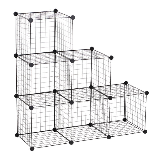 Black six-cube modular wire storage shelving unit with open-front cubes