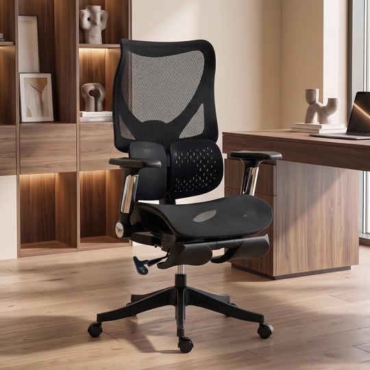 HOMCOM Ergonomic Office Chair with Lumbar Support, Mesh Reclining Desk Chair with Footrest, Adjustable High Back, Black – view 2