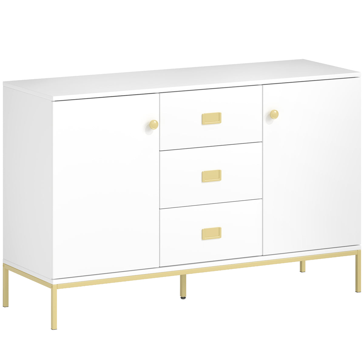 120 cm white sideboard with gold accents, 3 drawers, 2 cupboards and metal legs