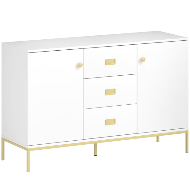 120 cm white sideboard with gold accents, 3 drawers, 2 cupboards and metal legs