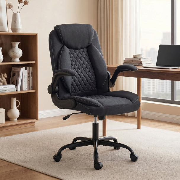 HOMCOM Linen-Look Computer Desk Chair, Executive Office Chair with Flip-Up Armrests and Thick Cushion, Black – view 2