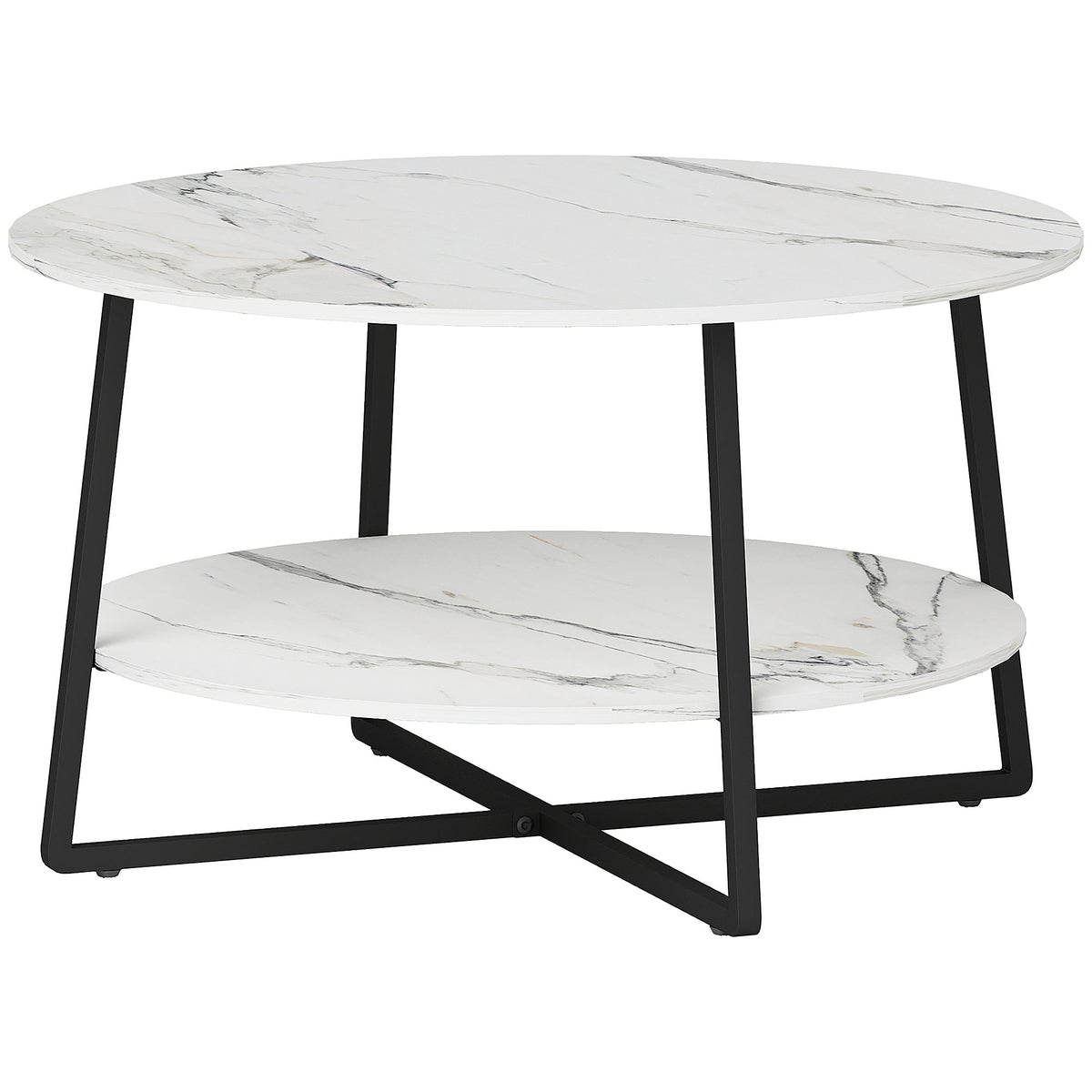 80 cm Round 2-Tier Marble-Effect Coffee Table – White & Black