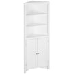 White freestanding corner bathroom cabinet with three open shelves and cupboard