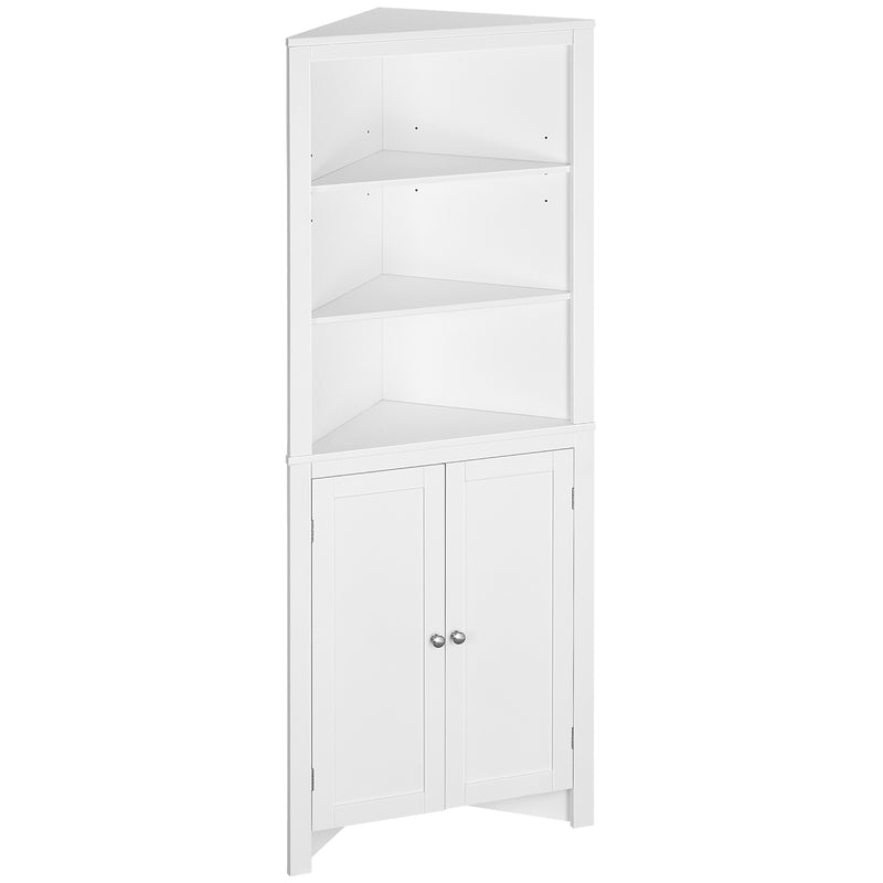 White freestanding corner bathroom cabinet with three open shelves and cupboard