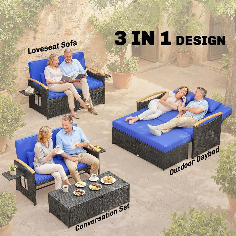 Rattan storage daybed, brown & blue – image 4