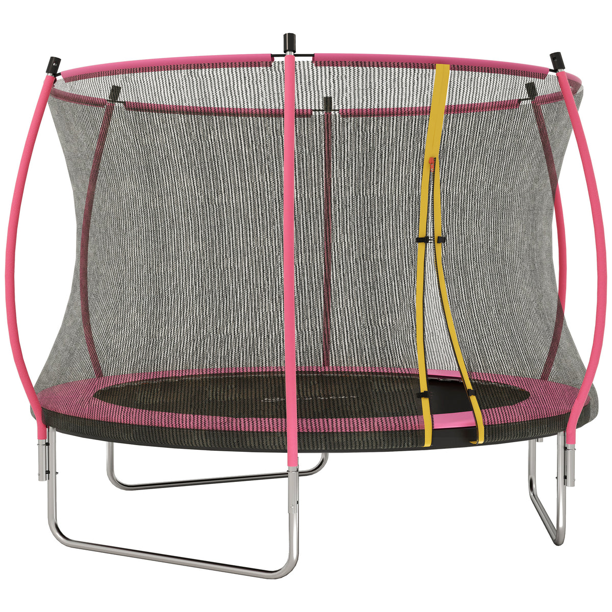 10ft pink outdoor trampoline with enclosure net, padded curved poles and spring cover