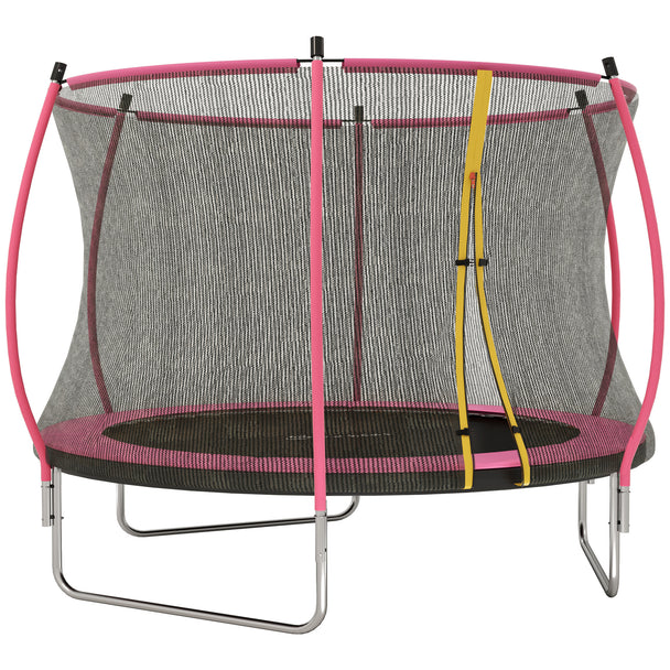10ft pink outdoor trampoline with enclosure net, padded curved poles and spring cover