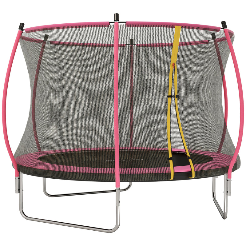 10ft pink outdoor trampoline with enclosure net, padded curved poles and spring cover