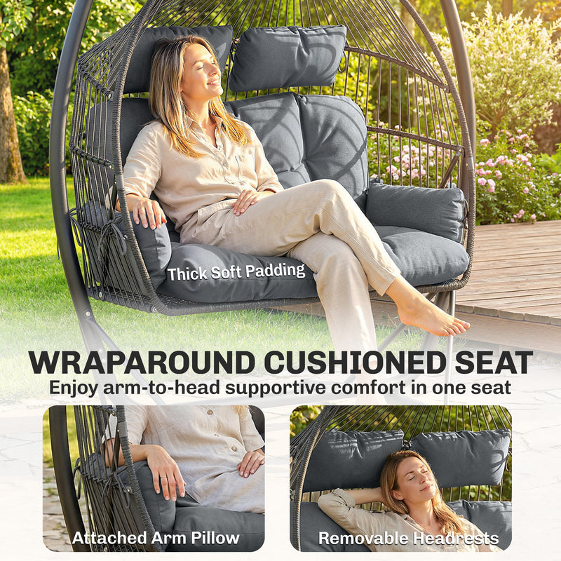 Outsunny Double Hanging Egg Chair with Canopy, Rattan Garden Egg Swing Chair with Cushion, Stand for Indoor Outdoor – view 6