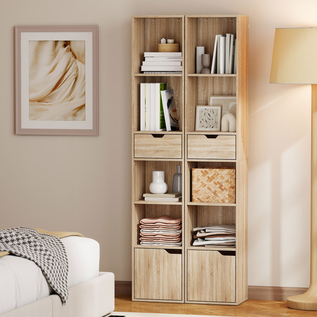6-Tier Bookcase, Tall Narrow Bookshelf with Drawer and Door - Natural Wood Finish