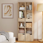 6-Tier Bookcase, Tall Narrow Bookshelf with Drawer and Door - Natural Wood Finish