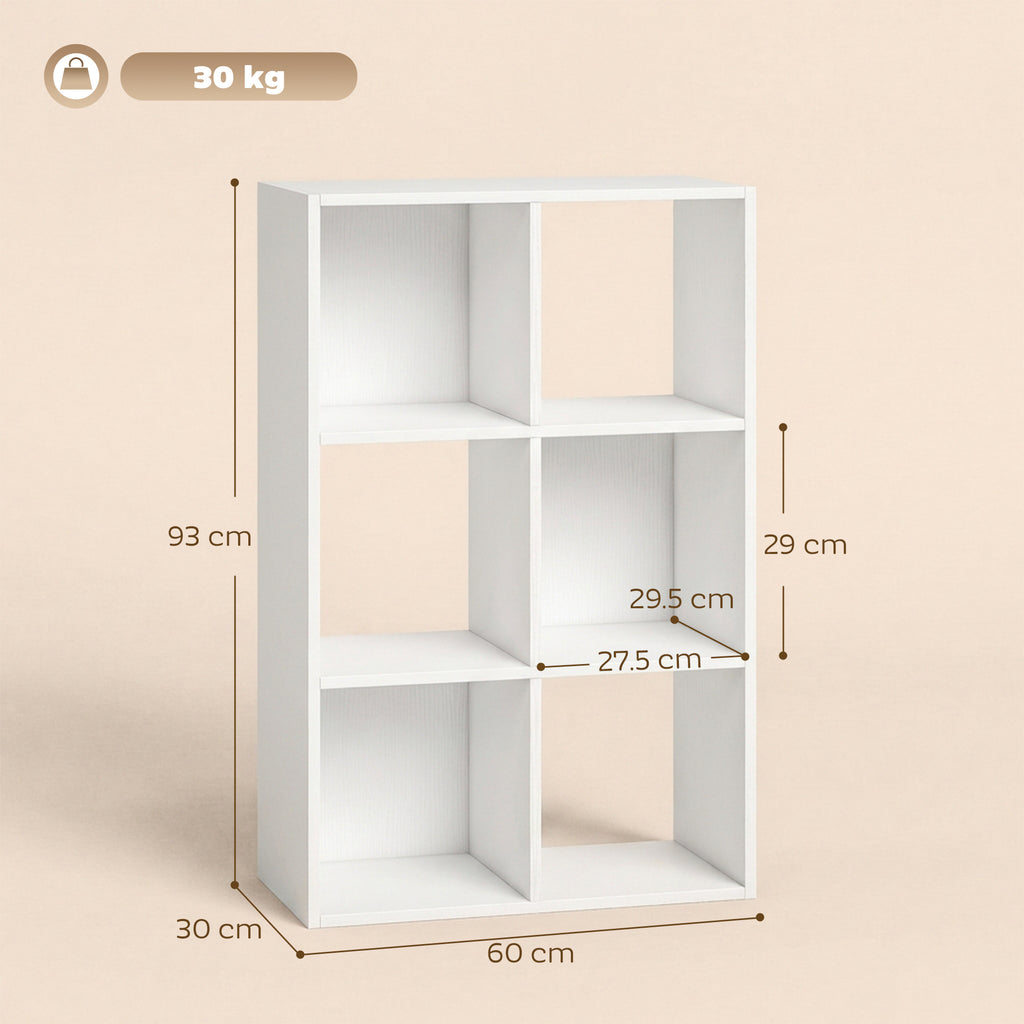 Industrial Style Storage Shelf, Bookcase, Bookshelf with 6 Compartments, for Living Room, Home Study, White Wood Effect