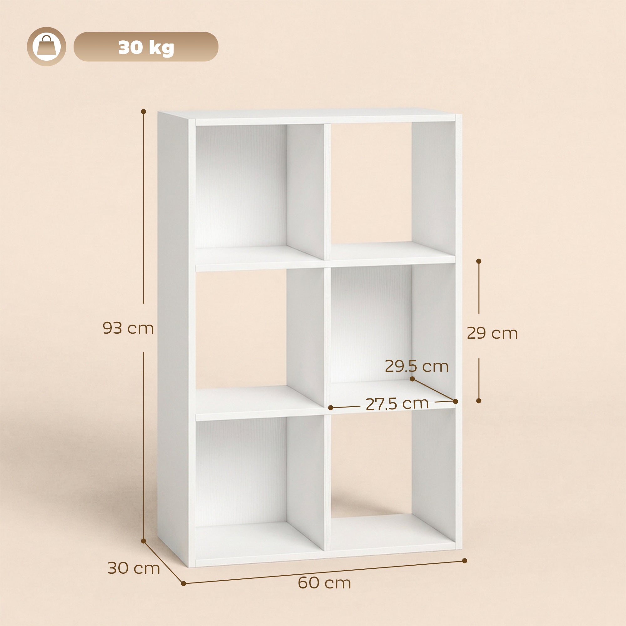 Industrial Style Storage Shelf, Bookcase, Bookshelf with 6 Compartments, for Living Room, Home Study, White Wood Effect
