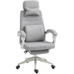 Light grey high-back fabric reclining office chair with neck pillow, lumbar pillow and pull-out footrest