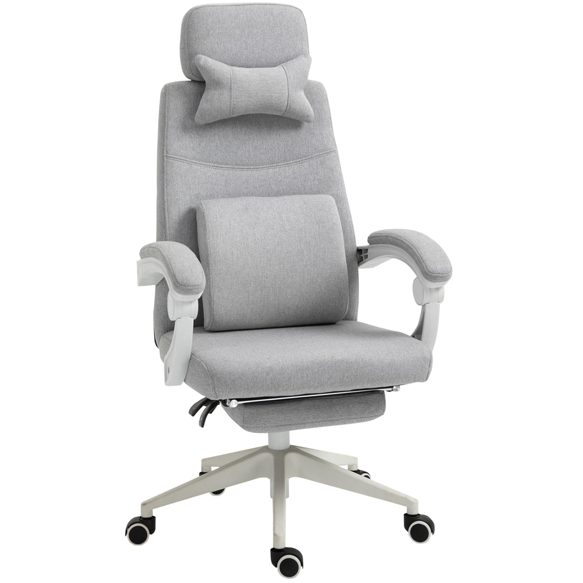 Light grey high-back fabric reclining office chair with neck pillow, lumbar pillow and pull-out footrest