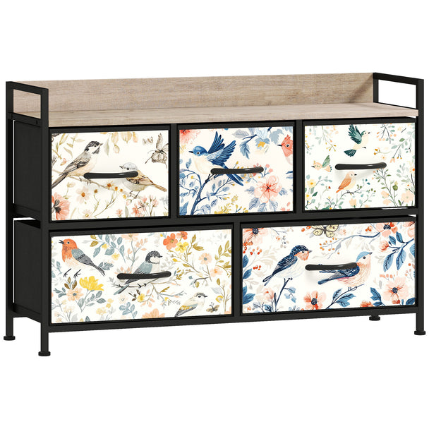 White wide 5-drawer fabric chest of drawers with patterned drawer fronts and wood-effect top