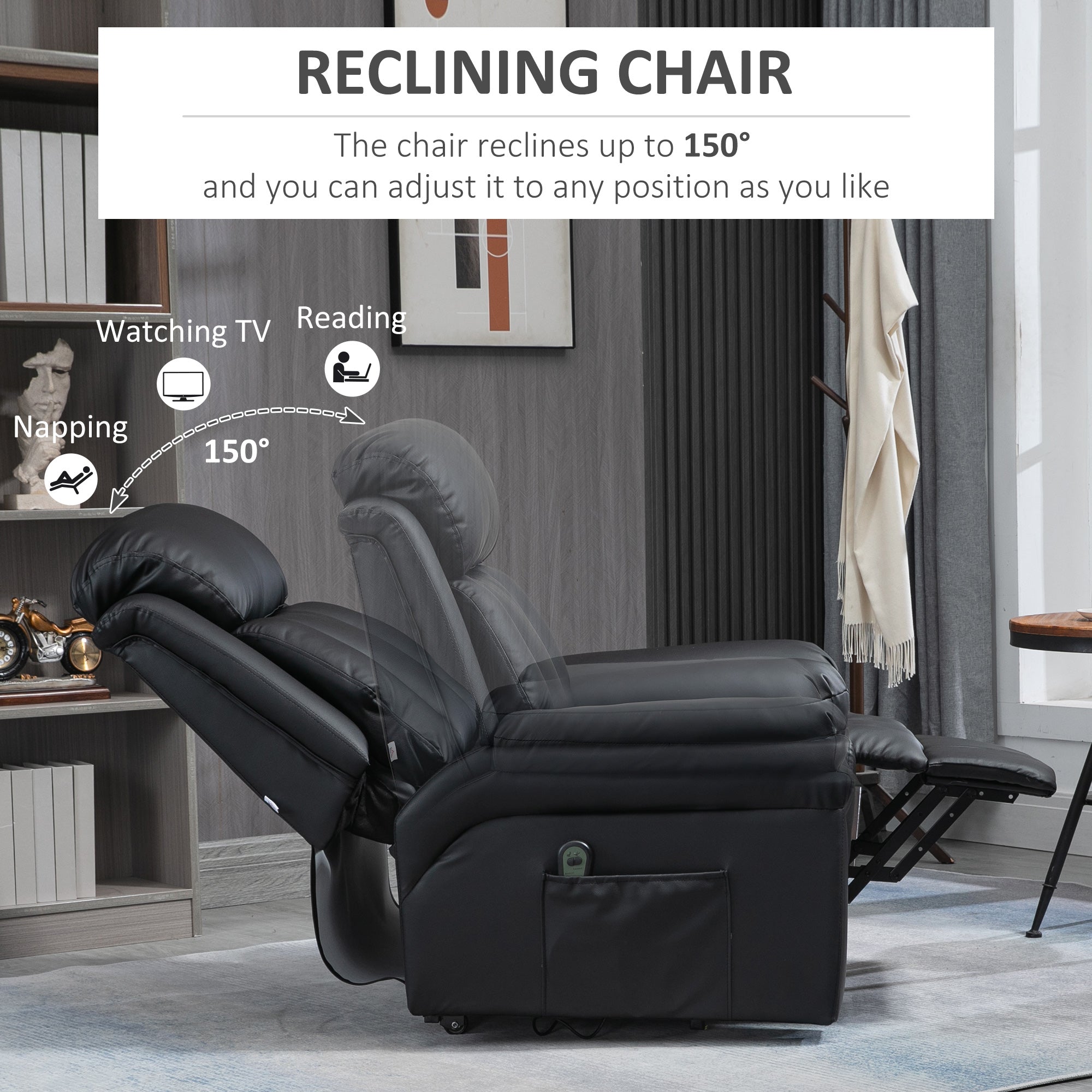 Power Lift Chair Recliner for Elderly, Electric Recliner Chair, Overstuffed Faux Leather Riser and Reclining Armchair with Remote Control, Side Pockets, for Living Room, Black