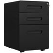 Black lockable 3-drawer steel file cabinet with central lock, rounded corners and wheels