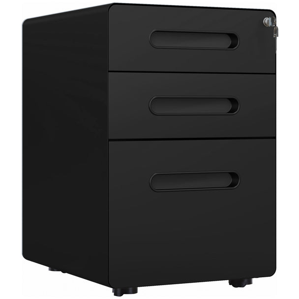 Black lockable 3-drawer steel file cabinet with central lock, rounded corners and wheels