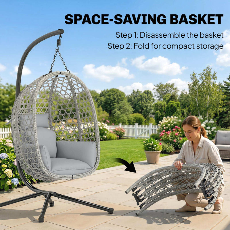 Outsunny Hanging Egg Chair, Indoor Outdoor Rattan Hammock Swing Chair with Stand, Safety Strap, Foldable Basket, Light – view 5