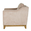 side view of the cream armchair and wooden base