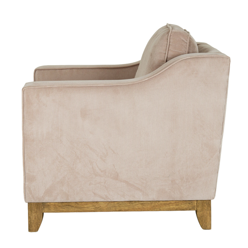 side view of the cream armchair and wooden base