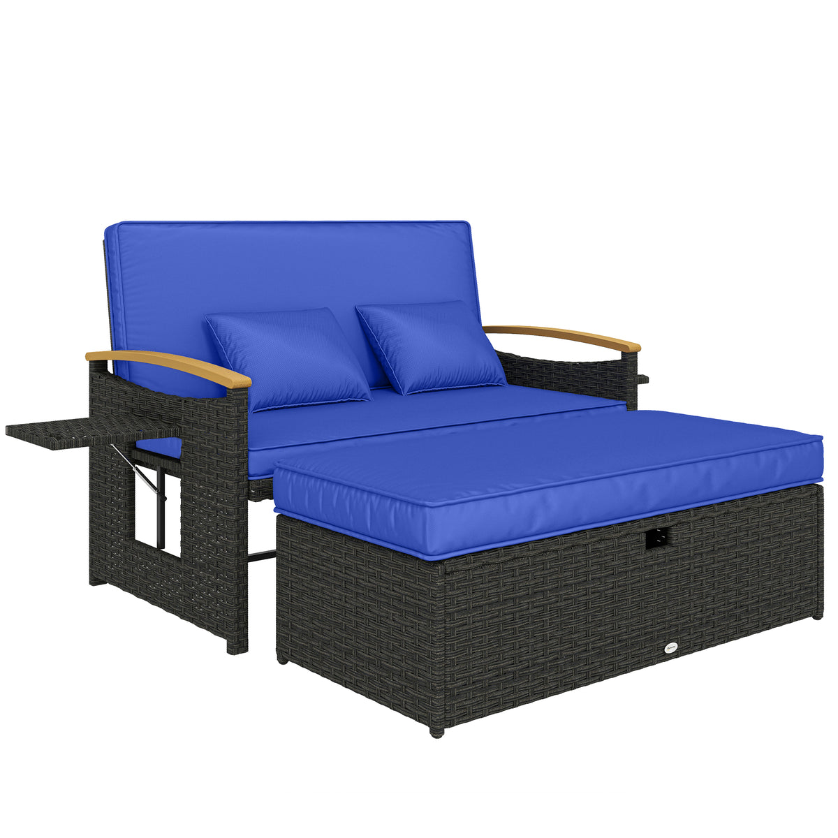 Brown rattan convertible daybed with blue cushions, storage ottoman and fold-out side tables