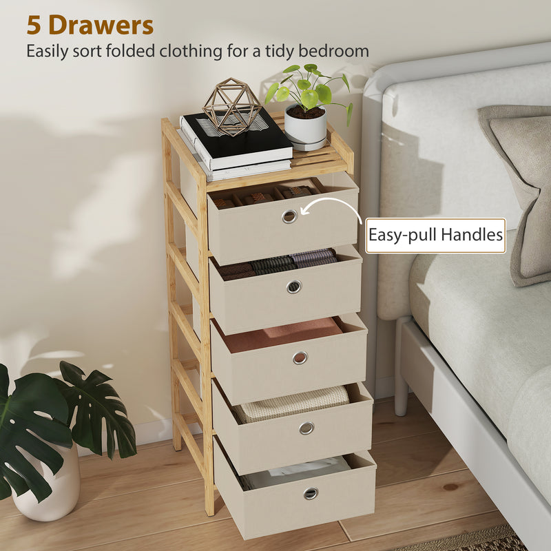 HOMCOM Chest of Drawers, 5 Fabric Drawers Narrow Dresser with Bamboo Frame, Cream White – view 4