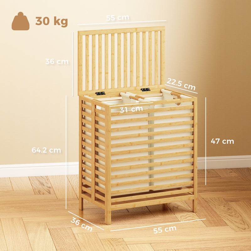 HOMCOM Bamboo Laundry Basket with Lid, 2 Baskets, Foldable, 64L, Natural and Cream White – view 3